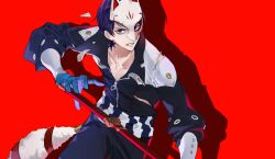 Rule 34 | 1boy, azicmot, blue eyes, blue gloves, blue hair, broken mask, collarbone, fox mask, gloves, highres, holding, holding sword, holding weapon, kitagawa yuusuke, looking at viewer, male focus, mask, open mouth, parted lips, persona, persona 5, red background, shadow, sheath, sheathed, simple background, solo, sword, torn clothes, weapon, zipper