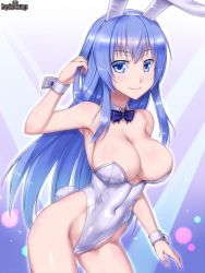 Rule 34 | 1girl, animal ears, blue bow, blue bowtie, blue eyes, blue hair, bow, bowtie, breasts, cocytus (wind master), copyright name, cowboy shot, detached collar, fake animal ears, highleg, highleg leotard, large breasts, leaning forward, leotard, long hair, looking at viewer, playboy bunny, psychic hearts, rabbit ears, rabbit girl, rabbit tail, smile, solo, strapless, strapless leotard, tail, white background, white leotard, wrist cuffs