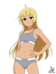 1girl absurdres ahoge armpits blonde_hair bocchi_the_rock! bra breasts closed_mouth dated grey_bra grey_panties groin hand_on_own_hip highres ijichi_seika kirie_dou long_hair looking_at_viewer navel orange_eyes panties signature simple_background small_breasts solo sports_bra sweatdrop tan underwear underwear_only white_background