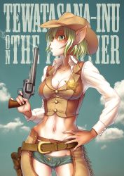 Rule 34 | 1girl, animal ears, belt, blowing smoke, breasts, chaps, character name, cleavage, commentary request, contrapposto, cowboy hat, cowboy shot, cowboy western, denim, denim shorts, dog ears, dog tail, english text, finger on trigger, fingernails, furry, furry female, gluteal fold, green eyes, green hair, gun, hand on own hip, handgun, hat, highres, holding, holding gun, holding weapon, holster, long fingernails, mascot, medium breasts, midriff, navel, pinky out, revolver, sheriff badge, short hair, short shorts, shorts, shrug (clothing), smoke, smoking gun, solo, standing, tail, taut clothes, taut vest, tewatasanaiinu, tokyo metropolitan police department, vest, weapon, wokada