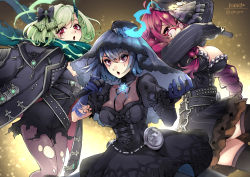 Rule 34 | 3girls, alice (sinoalice), belt, black legwear, blue hair, blush, bow, breasts, choker, cleavage, dorothy (sinoalice), dress, facepaint, glasses, goth fashion, green hair, hair bow, hair ornament, hairclip, hat, highres, holding, holding microphone, jacket, large breasts, little match girl (sinoalice), long hair, looking at viewer, mibry (phrysm), microphone, multiple girls, music, open mouth, petticoat, purple eyes, purple hair, red eyes, ribbon, scarf, short hair, singing, sinoalice, studded belt, studded jacket, thighhighs, top hat, torn clothes, torn legwear, veil, zettai ryouiki