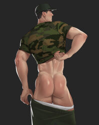 1boy ass back bara baseball_cap black_hair camouflage camouflage_shirt closed_mouth clothes_pull green_pants green_shirt grey_background hat highres male_focus male_underwear male_underwear_pull muscular muscular_male naoki_(xhju8282) original pants pants_pull shirt short_hair solo underwear white_male_underwear