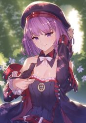 Rule 34 | 1girl, bare shoulders, belt, beret, bird, bird on hand, black coat, black dress, black hat, blush, breasts, cleavage, closed mouth, coat, collarbone, detached collar, dress, fate/grand order, fate (series), flower, hand in own hair, hat, helena blavatsky (fate), helena blavatsky (third ascension) (fate), ibuki notsu, looking at viewer, medallion, off shoulder, purple eyes, purple hair, shade, short hair, small breasts, smile, solo, strapless, strapless dress, tree