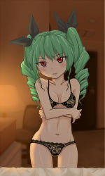Rule 34 | 10s, 1girl, anchovy (girls und panzer), anchovy (girls und panzer), bed, bedroom, black bra, black panties, blush, bra, chair, crossed arms, desk, door, drill hair, girls und panzer, hair ribbon, indoors, kaiyuna, lace, lace-trimmed bra, lace-trimmed panties, lace trim, lamp, lingerie, long hair, looking at viewer, open mouth, panties, red eyes, ribbon, solo, standing, twin drills, twintails, underwear, underwear only