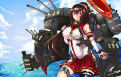 Rule 34 | 1girl, blue sky, brown hair, cherry blossoms, detached sleeves, flower, hair ornament, headgear, highres, hip vent, kantai collection, long hair, ocean, oil-paper umbrella, ponytail, purplecat, red eyes, red umbrella, single thighhigh, sky, solo, thighhighs, turret, umbrella, yamato (kancolle)