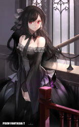 Rule 34 | 1girl, bad id, bad pixiv id, bare shoulders, black dress, black hair, book, breasts, copyright name, detached collar, dress, female focus, highres, holding, long hair, looking at viewer, necktie, off-shoulder dress, off shoulder, original, parted lips, pixiv fantasia, pixiv fantasia t, red eyes, smile, solo, swd3e2, v arms, window
