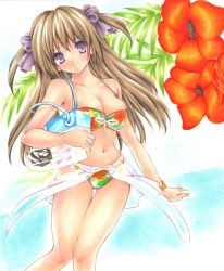 Rule 34 | 1girl, absurdres, bad id, bad pixiv id, bikini, blush, bracelet, breasts, brown hair, cleavage, colored pencil (medium), floral print, flower, hair ribbon, highres, jewelry, long hair, looking at viewer, marker (medium), medium breasts, monety, navel, original, pastel (medium), purple eyes, ribbon, sarong, see-through sarong, short twintails, solo, swimsuit, traditional media, twintails, two side up