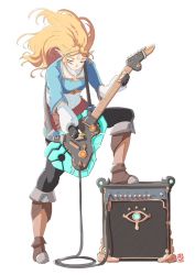 Rule 34 | 1girl, automatic giraffe, blonde hair, electric guitar, fingerless gloves, gloves, guitar, instrument, long hair, nintendo, plectrum, pointy ears, princess zelda, simple background, skirt, solo, subwoofer, the legend of zelda, the legend of zelda: breath of the wild, white background