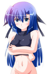 Rule 34 | 00s, 1girl, black bow, blue eyes, blue hair, blush, bottomless, bow, collarbone, crossed arms, frown, futaba shion, ginga nakajima, hair bow, impossible clothes, looking at viewer, lyrical nanoha, mahou shoujo lyrical nanoha, mahou shoujo lyrical nanoha strikers, matching hair/eyes, out-of-frame censoring, simple background, skin tight, solo, utanone shion, white background