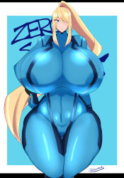 Rule 34 | 1girl, 46ayamahi, absurdres, blonde hair, blue bodysuit, blue eyes, blush, bodysuit, breasts, curvy, gigantic breasts, gluteal fold, hand on own hip, highres, huge breasts, long hair, metroid, mole, mole under mouth, nintendo, ponytail, samus aran, skin tight, solo, thick thighs, thigh gap, thighs, wide hips, zero suit