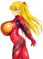 Rule 34 | 1girl, armpits, arms behind back, ass, bad id, bad pixiv id, blonde hair, bodysuit, bracer, breasts, brown eyes, cosplay, fine fabric emphasis, flat ass, from side, gloves, hair between eyes, headgear, huge breasts, impossible bodysuit, impossible clothes, interlocked fingers, kamia (not found), light smile, long hair, looking at viewer, matsuoka kiyone, neon genesis evangelion, original, own hands clasped, own hands together, plugsuit, profile, shiny clothes, simple background, skin tight, smile, solo, souryuu asuka langley, souryuu asuka langley (cosplay), standing, turtleneck, two side up, very long hair, white background, yellow eyes