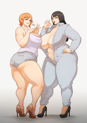 Rule 34 | 2girls, areola slip, ass, black hair, breasts, cleavage, curvy, fellatio gesture, full body, high heels, highres, hip focus, huge ass, huge breasts, jujunaught, lip biting, long hair, looking at viewer, multiple girls, nami (one piece), nico robin, one piece, orange hair, penetration gesture, plump, sexually suggestive, shiny skin, short hair, standing, thick thighs, thighs, tongue, tongue out, white background, wide hips