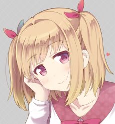 Rule 34 | 10s, 1girl, blonde hair, bow, closed mouth, eyebrows, furuhiro, hair bow, hand on own cheek, hand on own face, iijima yun, long sleeves, new game!, red eyes, smile, solo, two side up