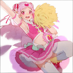 Rule 34 | 1girl, :d, armpits, back bow, bow, cheerleader, crop top, cure yell, detached sleeves, double bun, flower, hair bun, hair flower, hair ornament, hair ribbon, hakusai (tiahszld), heart, heart hair ornament, holding, holding pom poms, hugtto! precure, long hair, looking at viewer, magical girl, midriff, nono hana, open mouth, pink bow, pink eyes, pink footwear, pink hair, pink ribbon, pink skirt, pink vest, pleated skirt, pom pom (cheerleading), pom poms, precure, puffy short sleeves, puffy sleeves, ribbon, see-through, see-through sleeves, shoes, short bangs, short sleeves, skirt, smile, sneakers, solo, thighhighs, vest, white thighhighs