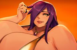 Rule 34 | 1girl, bouncing breasts, breasts, female focus, gigantic breasts, grin, hair over one eye, jewelry, lady m (strongmoist), lips, necklace, orange background, original, purple hair, shiny skin, sidelocks, skindentation, smile, solo, strongmoist, upper body, yellow eyes