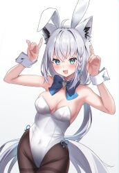 Rule 34 | 1girl, :d, absurdres, animal ears, bare shoulders, black pantyhose, blue bow, blue bowtie, blue eyes, bow, bowtie, braid, breasts, cleavage, detached collar, fake animal ears, fox ears, fox girl, grey hair, highres, hololive, index finger raised, kumarang, long hair, looking at viewer, medium breasts, open mouth, pantyhose, rabbit ears, shirakami fubuki, single braid, smile, solo, virtual youtuber