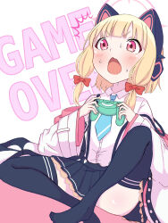 Rule 34 | 1girl, black thighhighs, blonde hair, blue archive, blush, controller, english text, game controller, gamepad, highres, momoi (blue archive), nishuukan, off shoulder, playing games, school uniform, solo, sweat, thighhighs, white background