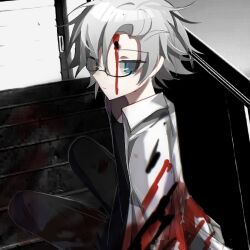 Rule 34 | 1boy, black pants, black shirt, blood, blood on clothes, blood on face, blue eyes, chinese commentary, closed mouth, commentary request, expressionless, glasses, kanou aogu, lab coat, long sleeves, male focus, pants, saibou shinkyoku, semi-rimless eyewear, shirt, short hair, solo, tiegeban, white hair