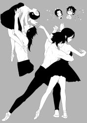Rule 34 | 1boy, 1girl, absurdres, arms up, backless dress, backless outfit, bad id, bad pixiv id, ballerina, ballet slippers, bare back, bare shoulders, butterfly hair ornament, carrying, chibi, closed eyes, contemporary, cropped legs, dancing, dress, facing up, greyscale, hair ornament, hand up, highres, hug, hug from behind, kimetsu no yaiba, kochou shinobu, lifting person, long hair, monochrome, multiple views, outstretched arm, pants, plantar flexion, profile, sachinyopo, scar, scar on arm, shoe soles, short dress, sideways glance, simple background, standing, standing on one leg, strapless, strapless dress, tomioka giyuu, topless male, updo