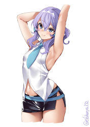 Rule 34 | 1girl, armpits, arms up, blue eyes, blush, breasts, cowboy shot, cropped arms, cropped legs, ebifurya, hair ornament, hair ribbon, highres, kantai collection, langley (kancolle), lips, looking at viewer, medium hair, navel, one-hour drawing challenge, pencil skirt, purple hair, ribbon, shirt, side slit, skin tight, skirt, sleeveless, sleeveless shirt, small breasts, smile, solo, stomach, twitter username, white background, white shirt