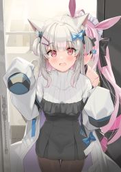 Rule 34 | 2girls, :d, absurdres, animal ears, black bow, black dress, blue bow, blush, bow, breasts, cat ears, cat girl, cat tail, commentary request, covered collarbone, dress, frilled dress, frills, grey hair, hair bow, hair ornament, hairclip, hands up, highres, huge filesize, jacket, kanzarin, long hair, long sleeves, looking at viewer, multicolored hair, multiple girls, natsume eri (vtuber), open clothes, open door, open jacket, open mouth, pantyhose, peeking out, pink hair, pleated dress, purple hair, rabbit ears, red eyes, ribbed shirt, shirt, sleeves past fingers, sleeves past wrists, small breasts, smile, streaked hair, tail, tomari mari, tomari mari channel, twintails, two-tone hair, two side up, very long hair, virtual youtuber, white jacket, white shirt