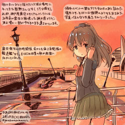 Rule 34 | 10s, 1girl, blue eyes, brown hair, brown jacket, brown skirt, commentary request, dated, expressionless, frilled skirt, frills, jacket, kantai collection, kirisawa juuzou, kumano (kancolle), long hair, long sleeves, looking back, ponytail, school uniform, skirt, solo, standing, traditional media, translation request, twitter username