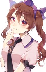 Rule 34 | 1girl, black necktie, bow, brown hair, collared shirt, finger to own chin, frilled shirt collar, frills, hair ribbon, hat, highres, himekaidou hatate, kaede (mmkeyy), necktie, pointy ears, puffy short sleeves, puffy sleeves, purple hat, purple ribbon, red eyes, ribbon, shirt, short sleeves, simple background, solo, tokin hat, touhou, twintails, upper body, white background