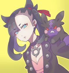 Rule 34 | 1girl, angry, aqua eyes, black hair, black jacket, blank eyes, blush, blush stickers, choker, collarbone, creatures (company), dress, dutch angle, ear piercing, female focus, flat chest, game freak, gen 8 pokemon, hair ribbon, jacket, japanese text, looking at viewer, marnie (pokemon), morpeko, morpeko (hangry), multicolored hair, nintendo, open mouth, outline, piercing, pink dress, pokemon, pokemon (creature), pokemon swsh, red eyes, red ribbon, ribbon, s (happycolor 329), simple background, solo focus, teeth, translation request, two-tone hair, upper body, yellow background, yellow outline
