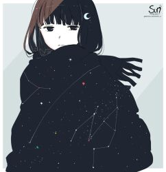 Rule 34 | 1girl, artist logo, black eyes, blending, brown hair, commentary, constellation, crescent, crescent hair ornament, english commentary, expressionless, hair ornament, looking at viewer, mimi n, original, scarf, short hair, sky, solo, star (sky), starry sky