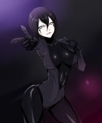 Rule 34 | 1girl, :3, black hair, blame!, breasts, contrapposto, cyborg, finger gun, hair between eyes, highres, joints, large breasts, looking at viewer, robot joints, sanakan, short hair, shoujo donburi, grey eyes, solo, standing, white eyes