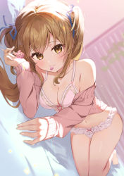 Rule 34 | 1girl, bad id, bad twitter id, blush, bra, breasts, brown eyes, brown hair, cardigan, cherry blossoms, cleavage, flower in eye, frilled panties, frills, full body, highres, lingerie, looking at viewer, lying, medium breasts, medium hair, off shoulder, omelet tomato, on bed, open cardigan, open clothes, original, panties, parted lips, petals in mouth, pink bra, pink panties, smile, solo, symbol in eye, twintails, underwear
