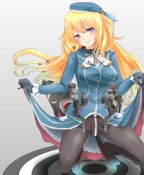 Rule 34 | 10s, 1girl, ame-rain, atago (kancolle), beret, black gloves, blonde hair, breasts, cannon, clothes lift, gloves, green eyes, hat, jacket, kantai collection, large breasts, lips, long hair, looking at viewer, machinery, military, military uniform, pantyhose, skirt, skirt lift, smile, solo, squatting, turret, uniform