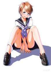 Rule 34 | 1girl, arms between legs, artist name, blue eyes, blush, brown hair, covering privates, covering crotch, feet, female focus, head tilt, highres, knees up, legs, loafers, looking at viewer, nanahime, open mouth, original, panties, panties around leg, pleated skirt, sailor collar, school uniform, seductive smile, serafuku, shadow, shoes, short hair, simple background, sitting, skirt, smile, solo, spread legs, thighs, underwear, white background