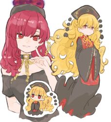 2girls bare_shoulders black_choker black_dress black_hat black_shirt blonde_hair chain chibi chibi_inset chinese_clothes choker closed_mouth crescent crescent_print dalachi_(headdress) dress full_body gold_chain hair_between_eyes hand_up hands_in_opposite_sleeves hat hecatia_lapislazuli highres index_finger_raised junko_(touhou) long_hair long_sleeves looking_at_viewer mandarin_collar medium_hair monono_b multiple_girls neck_ribbon off-shoulder_shirt off_shoulder phoenix_print pom_pom_(clothes) red_eyes red_hair red_tabard ribbon shirt short_sleeves simple_background smile standing t-shirt tabard tassel touhou underworld_(ornament) upper_body very_long_hair wavy_hair white_background wide_sleeves yellow_ribbon