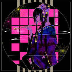 Rule 34 | 1girl, abstract background, bare shoulders, black nails, black shirt, flower, flower on head, headphones, highres, holding, holding smoking pipe, japanese clothes, kimono, long hair, looking at viewer, neon palette, original, sanamisa, shirt, sidelocks, smoking, smoking pipe, solo, turtleneck, yellow eyes