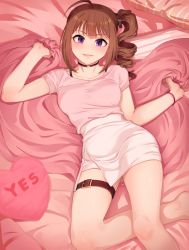 Rule 34 | 1girl, ahoge, bed, bed sheet, black choker, blush, bra strap, bracelet, breasts, brown hair, choker, collarbone, commentary request, drill hair, feet out of frame, hands up, heart, heart-shaped pillow, high-waist skirt, highres, idolmaster, idolmaster million live!, indoors, jewelry, kamille (vcx68), leg belt, looking at viewer, lying, medium breasts, medium hair, miniskirt, on back, on bed, parted lips, pillow, pink shirt, purple eyes, sheet grab, shirt, shirt tucked in, short sleeves, side ponytail, side slit, sidelocks, skirt, smile, solo, sparkle, white skirt, yes, yes-no pillow, yokoyama nao
