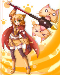 Rule 34 | animal ears, bell, boots, cat ears, cat tail, fang, gloves, hair ornament, kuena, midriff, orange hair, original, short hair, solo, tail, thighhighs, weapon, yellow eyes