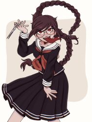 Rule 34 | 1girl, black shirt, black skirt, braid, breasts, collarbone, cowboy shot, danganronpa: trigger happy havoc, danganronpa (series), fangs, feet out of frame, fukawa toko, genocider shou, glasses, hair ornament, hand up, highres, holding, holding scissors, kate (pinkitereu), leaning forward, long hair, long sleeves, long tongue, medium breasts, neckerchief, pink background, pleated skirt, red eyes, red neckerchief, round eyewear, sailor collar, scissors, shirt, skirt, solo, teeth, tongue, tongue out, twin braids, white background, white sailor collar