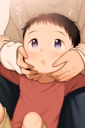 Rule 34 | 2boys, :o, black hair, blue eyes, blush, brown shorts, child, hands on another&#039;s face, highres, long sleeves, looking up, male focus, multiple boys, original, red shirt, shibacco, shirt, short hair, shorts, tareme