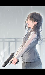 Rule 34 | 1girl, black hair, blush, breasts, crying, daito, gun, handgun, holding, holding gun, holding weapon, letterboxed, long hair, open mouth, original, pleated skirt, rain, school uniform, skirt, small breasts, solo, tears, teeth, vest, weapon