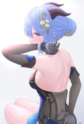Rule 34 | 1girl, backless dress, backless outfit, bare back, bare shoulders, blue hair, breasts, commentary request, dress, elbow gloves, ganyu (genshin impact), ganyu (twilight blossom) (genshin impact), genshin impact, gloves, gradient background, grey background, grey gloves, highres, horns, lily-of-ash, looking at viewer, looking back, medium breasts, official alternate costume, short hair, sitting, solo, thighs, yellow eyes