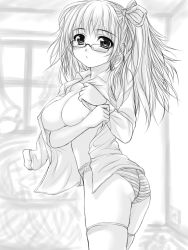 Rule 34 | 1girl, breasts, glasses, greyscale, large breasts, long hair, monochrome, open clothes, open shirt, panties, shirt, solo, striped clothes, striped panties, thighhighs, underwear, uni8