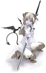Rule 34 | armor, bat wings, blue skin, colored skin, demon, demon girl, greaves, holding, holding sword, holding weapon, horns, on one knee, orange eyes, simple background, solo, sword, tail, thighhighs, weapon, white thighhighs, wings