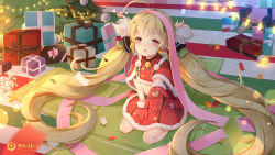 Rule 34 | 1girl, :o, azur lane, bell, belt, belt buckle, blonde hair, boots, box, buckle, capelet, christmas, christmas ornaments, christmas tree, commentary request, copyright name, eldridge (azur lane), fur-trimmed capelet, fur-trimmed gloves, fur-trimmed skirt, fur trim, gift, gift box, gloves, green belt, hair ornament, heart, heart-shaped pupils, highres, indoors, long hair, looking at viewer, maya g, official art, parted lips, red capelet, red eyes, red footwear, red gloves, red skirt, signature, sitting, skirt, solo, symbol-shaped pupils, twintails, very long hair, wariza