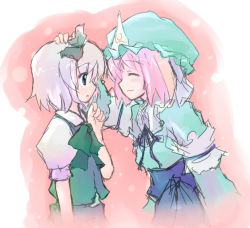Rule 34 | 2girls, ^ ^, arm garter, blue dress, closed eyes, dress, closed eyes, female focus, frills, from side, green dress, hand on another&#039;s head, hat, konpaku youmu, long sleeves, mob cap, multiple girls, pink hair, profile, puffy short sleeves, puffy sleeves, saigyouji yuyuko, short hair, short sleeves, silver hair, touhou, triangular headpiece
