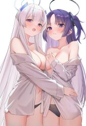 Rule 34 | 2girls, asymmetrical docking, black panties, blue archive, breast press, breasts, closed mouth, collarbone, commentary, grey hair, halo, hanamaru tsubaki, highres, large breasts, long hair, multiple girls, navel, noa (blue archive), off shoulder, open mouth, panties, purple eyes, purple hair, shirt, two side up, underwear, very long hair, white background, white shirt, yuuka (blue archive)