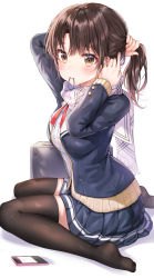 Rule 34 | 1girl, absurdres, arm behind head, arm up, bad id, bad pixiv id, blazer, blue jacket, blue skirt, breasts, brown eyes, brown hair, brown thighhighs, bunching hair, buttons, cardigan, cellphone, dress shirt, hair tie in mouth, hand up, highres, jacket, long hair, long sleeves, looking at viewer, medium breasts, miniskirt, mouth hold, no shoes, open cardigan, open clothes, original, phone, pleated skirt, scarf, school uniform, shirt, sitting, skirt, solo, thighhighs, tokkyu, wariza, white background, white shirt, zettai ryouiki