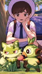 Rule 34 | 1boy, amakara000, berry (pokemon), brown eyes, brown footwear, brown hair, collared shirt, commentary request, creatures (company), day, florian (pokemon), game freak, gen 8 pokemon, grass, grookey, hat, head rest, highres, holding, lower teeth only, male focus, nintendo, open mouth, outdoors, pokemon, pokemon (creature), pokemon sv, shirt, shoes, short hair, short sleeves, sprigatito, squatting, sweatdrop, tablecloth, teeth
