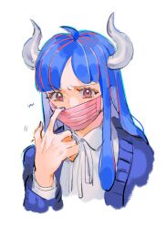 Rule 34 | 1girl, ahoge, alternate costume, blue hair, blue nails, blue sweater, covered mouth, curled horns, dinosaur girl, horns, long hair, looking at viewer, mask, mask pull, mouth mask, multicolored hair, one piece, pink eyes, pink hair, pink mask, raine (acke2445), shirt, solo, streaked hair, sweater, ulti (one piece), white background, white shirt