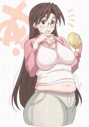 Rule 34 | 1girl, azumanga daiou, belly, blush, breasts, cinnamon roll, denim, eating, glasses, jeans, large breasts, licking lips, long hair, long sleeves, mizuhara koyomi, pants, plump, shirt, thick thighs, thighs, tongue, tongue out, white background